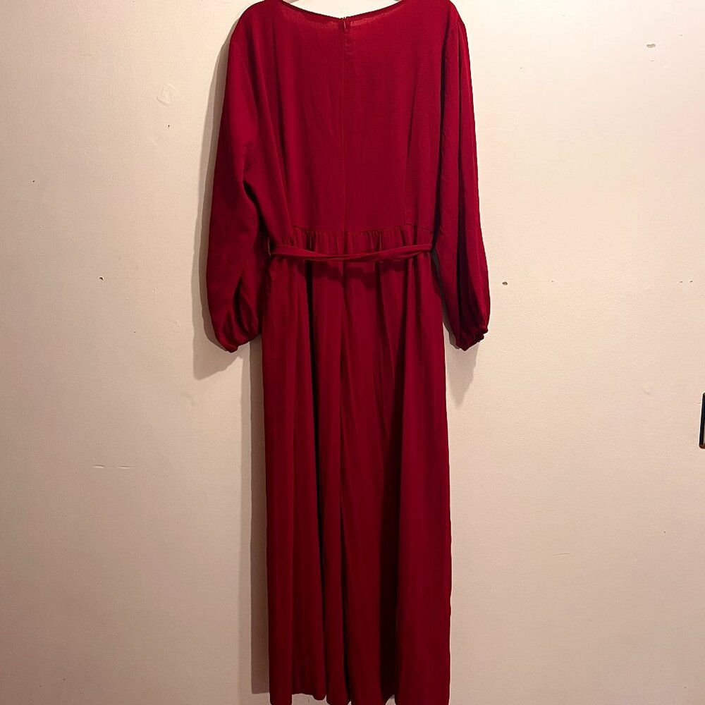 Bishop Sleeve Tie-Waist Pleated Jumpsuit from Shein in Burgundy